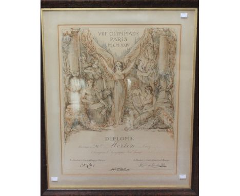 Lucy Morton: A framed, Paris 1924 Olympics, gold medal diploma, awarded to Lucy Morton, for her success in the 200 metre brea