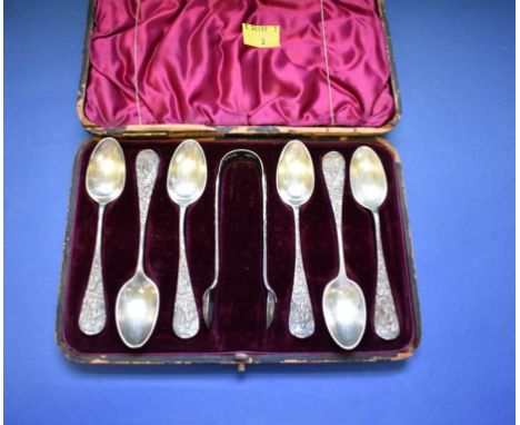 A cased set of Victorian silver teaspoons and sugar tongs,&nbsp;by Martin, Hall &amp; Co Ltd,&nbsp;Sheffield 1887, 113.5g 