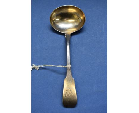 A George ll Irish silver fiddle pattern sauce ladle, by James Scott, Dublin 1818, 63g. 
