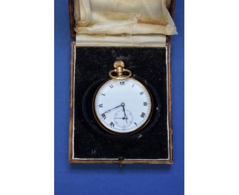 A 9ct gold open faced pocket watch, stem wound with enamel dial and subsidiary seconds dial. 