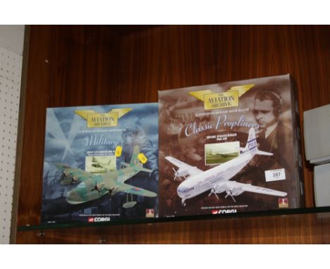 TWO CORGI -THE AVIATION ARCHIVE' DIE CAST MODEL AIRPLANES, CLASSIC PROP LINERS BOEING STRATOCRUISER AND A MILITARY SHORT S.25