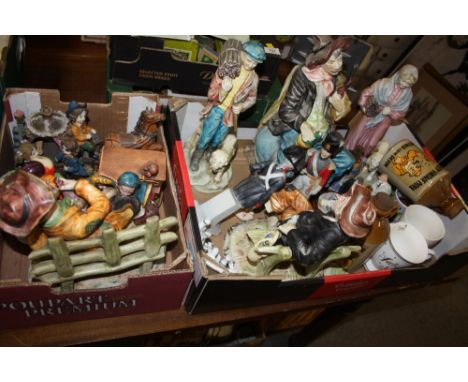 TWO TRAYS OF ASSORTED CERAMIC FIGURES TO INCLUDE A SHERLOCK HOLMES FIGURE, CAPODIMONTE STYLE FIGURES ETC.