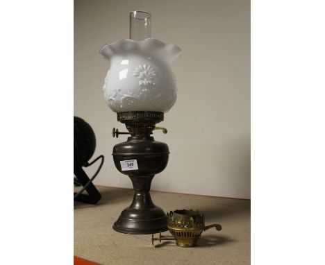 A VINTAGE BRASS OIL LAMP WITH FLORAL OPAQUE GLASS SHADE, DUPLEX BURNERS