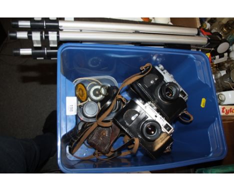 TWO VINTAGE RUSSIAN ZORKI-4 CAMERAS AND ACCESSORIES TO INCLUDE A TRIPOD TOGETHER WITH A WWI BRASS COMPASS