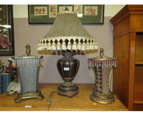 A LARGE QUALITY VERDE GRIS TABLE LAMP AND SHADE WITH TWO ADDITIONAL LAMPS (3)