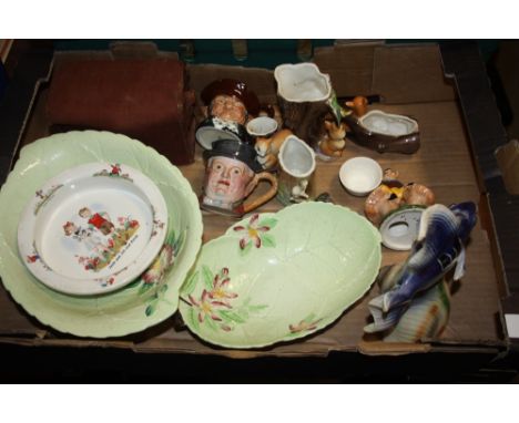 A TRAY OF CERAMICS TO INCLUDE CARLTON WARE, ROYAL DOULTON AND BESWICK CHARACTER JUGS, VINTAGE CONWAY CAMERA ETC.