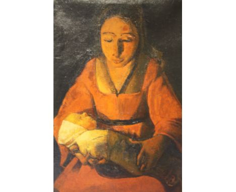(XX). Continental school portrait study of a seated mother and child, indistinctly signed upper right, oil on canvas, unframe