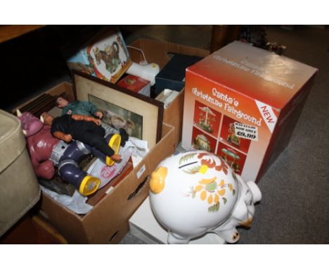 THREE BOXES OF HOUSEHOLD SUNDRIES TO INCLUDE BOXED DRINKING GLASSES AND FIGURES, LARGE CERAMIC PIGGY BANK, PRINTS ETC.