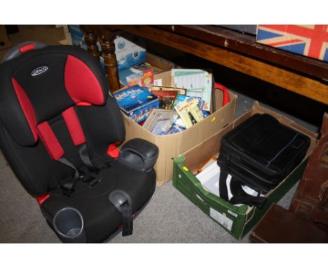 TWO BOXES OF HOUSEHOLD SUNDRIES TO INCLUDE PACKAGED TOOLS, GRACO CAR SEAT ETC.