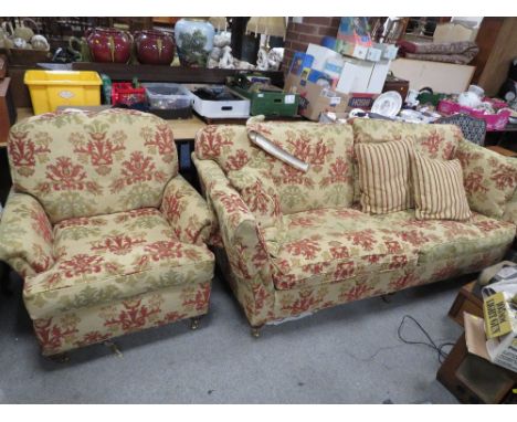 A MODERN UPHOLSTERED THREE SEATER SOFA AND ARMCHAIR - PET SCRATCHES TO BASES
