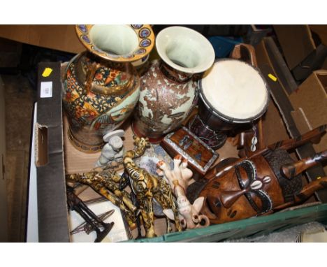 A TRAY OF ASSORTED COLLECTABLES TO INCLUDE TRIBAL STYLE TREEN MASKS, MELBA WARE GOAT FIGURE, MOTHER OF PEARL INLAID TRINKET B