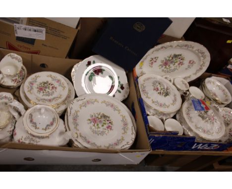 TWO TRAYS OF ROYAL STANDARD MANDARIN PATTERN CHINA TO INCLUDE A TEAPOT, DINING PLATES, TUREENS, CUPS AND SAUCERS ETC. 