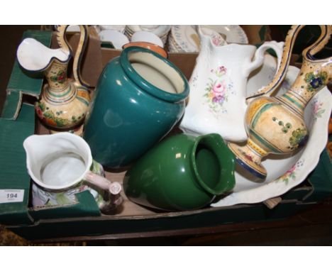A BOX OF CERAMIC JUGS AND VASES TO INCLUDE A FLORAL JUG AND BOWL SET, A PAIR OF SPANISH STYLE JUGS ETC.