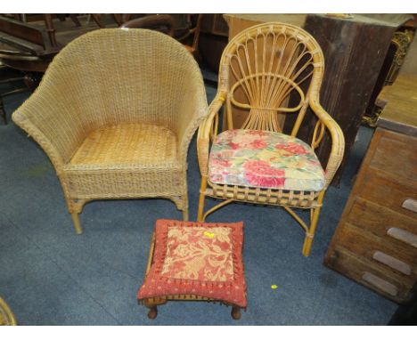 TWO WICKER ARMCHAIRS AND A SMALL STOOL (3)