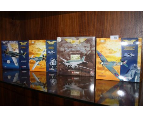 A COLLECTION OF FOUR BOXED CORGI 'THE AVIATION ARCHIVE' MODEL AIR PLANES, SUBMARINE SPITFIRE MKIIA, FRONTIER AIRLINERS DOUGLA