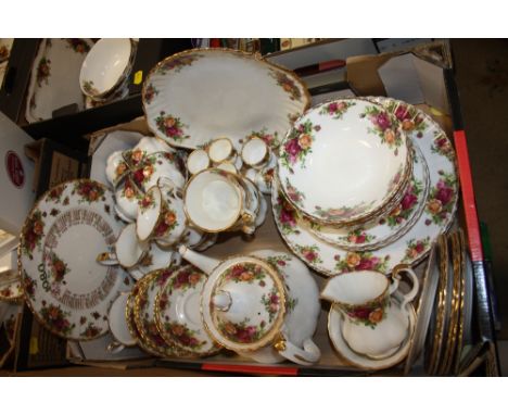 A TRAY OF ROYAL ALBERT OLD COUNTRY ROSES CHINA TO INCLUDE A TEAPOT, CUPS AND SAUCERS, EGG CUPS, DINING PLATES ETC. NOTE- WEAR