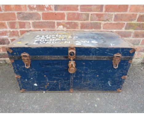 A VINTAGE METAL TRUNK WITH LEATHER TWIN HANDLE W-92 CM CONDITION - BATTERED A LITTLE AND RUST&nbsp;TOGETHER WITH A SMALL EXAM