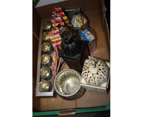 A BOX OF MODERN LANTERNS, CANDLE HOLDERS, AND A MODEL SHIP MADE FROM COCA COLA CANS