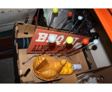 A VINTAGE MAGAZINE RACK, BBQ PIT SIGN ETC. AND A BOX OF MUGS AND DRINKING GLASSES ETC.
