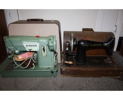 A CASED VINTAGE SINGER ELECTRIC SEWING MACHINE TOGETHER WITH AN UNCASED EXAMPLE