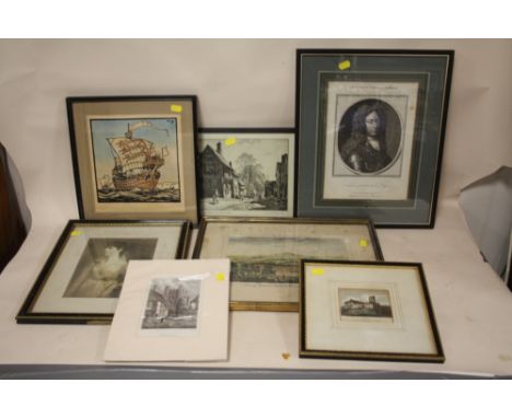 A COLLECTION OF ENGRAVINGS TO INCLUDE A PORTRAIT ENGRAVING OF LIEUTENANT GENERAL TALMASH, WHITE HORSE HILL EXAMPLE ETC. (7) 