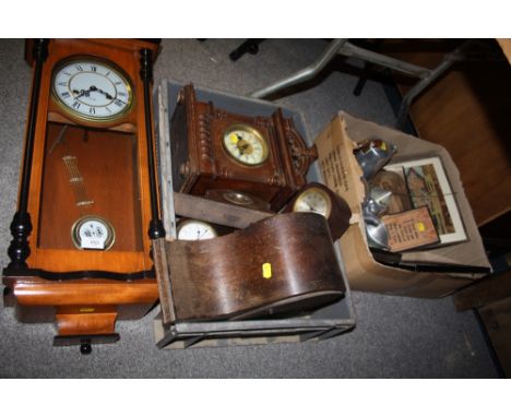 TWO BOXES OF CLOCKS AND COLLECTABLES TO INCLUDE A MODERN REPRODUCTION 31-DAY WALL CLOCK, AND VINTAGE MANTEL CLOCKS