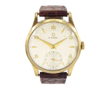 Omega gentleman's 9ct gold manual wind wristwatch, Cal. 265, silvered dial, with subsidiary seconds dial, back case engraved 