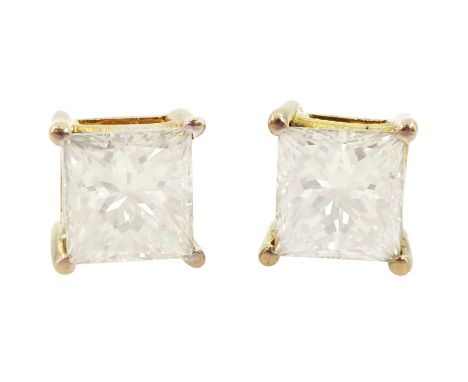 Pair of 14ct gold princess cut diamond screw back stud earrings,  total diamond weight approx 3.00 caratCondition Report:Appr