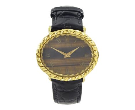 Piaget ladies 18ct gold manual wind wristwatch, Ref. 9803, tiger's eye dial with Roman numerals, on black leather strapCondit