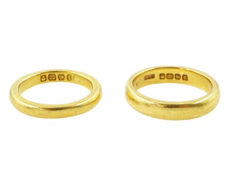 Two early 20th century 22ct gold wedding bands, both hallmarked Birmingham1915 and 1924Condition Report:Approx 10.45gm, one s