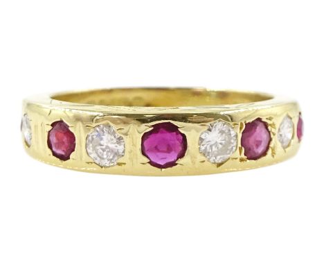 18ct gold rubover set, round cut ruby and round brilliant cut diamond half eternity ring, London 1980, total diamond weight a