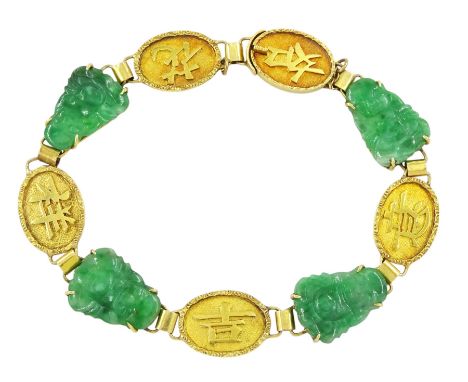 Chinese 18ct gold carved jade Buddha and character link bracelet, makers mark W H, stamped 18Condition Report:Approx 11.3gm, 