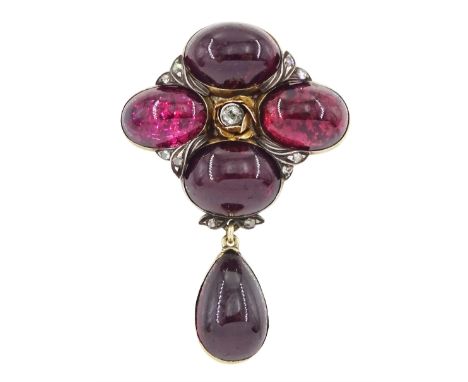 19th century gold foiled back cabochon garnet and diamond brooch, four oval garnets spaced by rose cut garnets and a central 