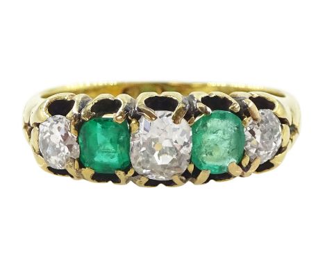 18ct gold five stone emerald and old cut diamond ring, total diamond weight approx 0.40 caratCondition Report:Approx 2.9gm, s