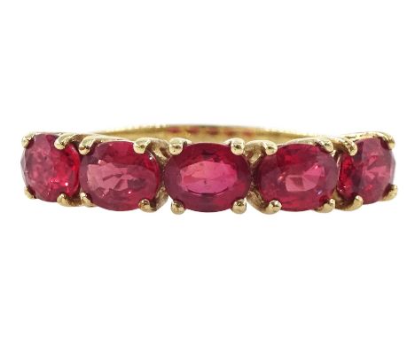 9ct gold five stone oval cut ruby ring, hallmarkedCondition Report:Approx 2.2gm, size N, good condition