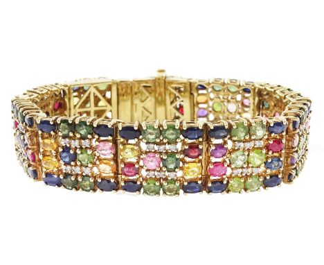 9ct gold sapphire, ruby and diamond bracelet, vari-cut blue fancy coloured sapphires, oval cut rubies and round brilliant cut