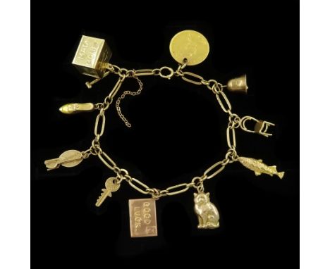 9ct gold rectangular link bracelet, with Queen Victorian 1890 gold shield back half sovereign coin and nine 9ct gold charms i