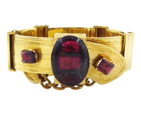 French 19th / early 20th century 18ct gold garnet belt expanding bangle, the belt with octagonal cut garnets, the buckle with