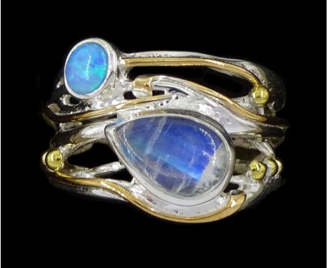 Silver and 14ct gold wire moonstone and opal ring, stamped 925Condition Report:Size T, max depth = 13mm, good condition