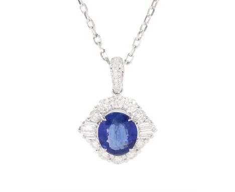 18ct white gold oval cut sapphire, round tapered baguette cut diamond cluster pendant necklace, sapphire approx 1.40 carat, t