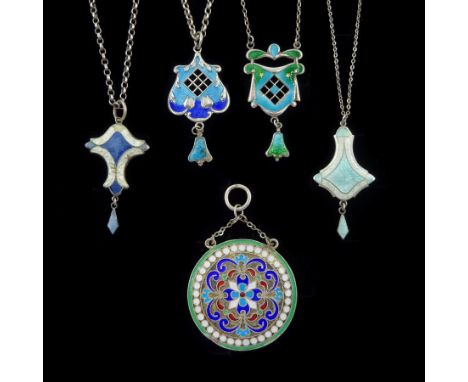 Four early 20th century Art Nouveau silver enamel pendants, two by J Aitkin & Son, Birmingham 1915, other two makers mark S.B