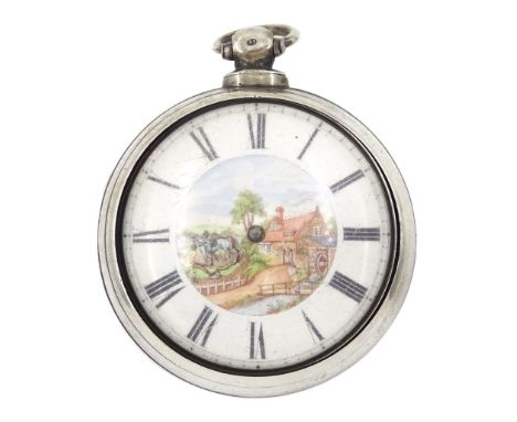 Victorian silver pair cased pocket watch No. 5402, , enamel polychrome dial depicting a ploughing scene, Roman and Arabic num