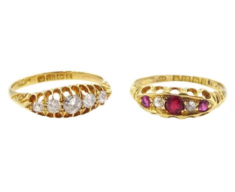 Two Edwardian 18ct gold rings including five stone old cut diamond, total diamond weight 0.35 carat and a five stone ruby and