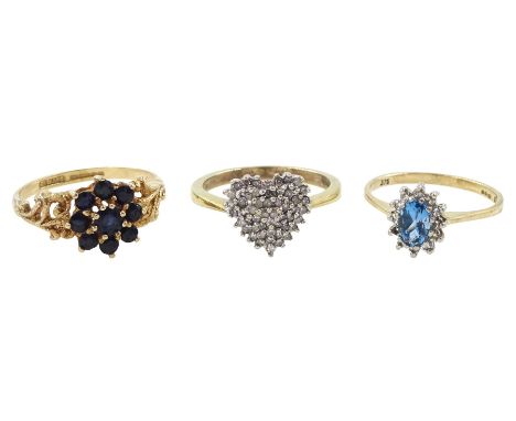 Three 9ct gold rings including diamond heart, total diamond weight 0.25 carat, sapphire cluster and topaz and diamond cluster