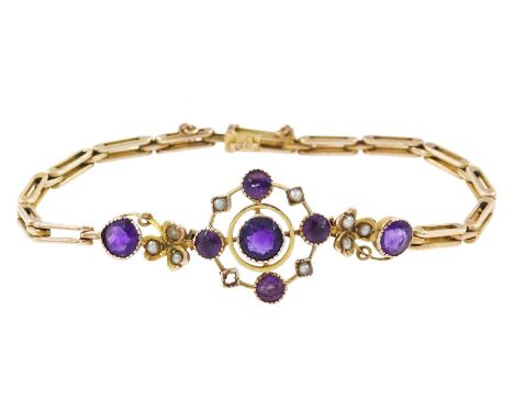 Early 20th century rose gold amethyst and seed pearl circular and clover bracelet, stamped 9ctCondition Report:Approx 7.1gm, 