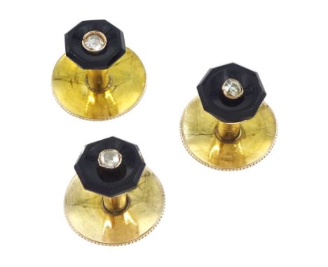 Three early 20th century gold black onyx rose cut diamond shirt studs, stamped 9ctCondition Report:Approx 3.85gm