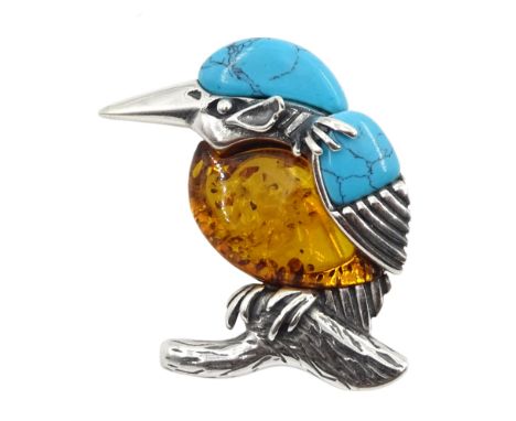 Silver Baltic amber and turquoise kingfisher brooch, stamped 925 Condition Report:Length = 32mm, good condition 