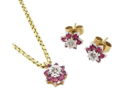 Gold ruby and diamond stud earrings and a matching pendant necklace, all 9ctCondition Report:Stone set approx 1.4gm, pendant 