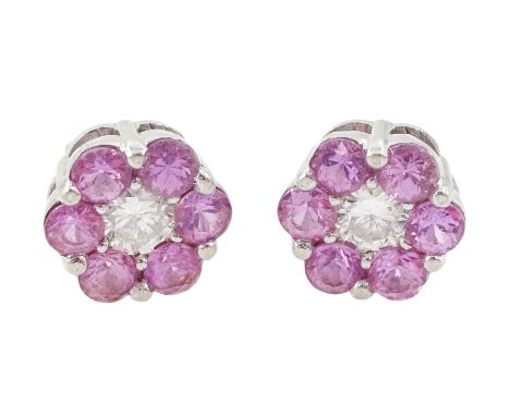 Pair of 18ct white gold round cut pink sapphire and round brilliant cut diamond stud earrings, hallmarked, total diamond weig