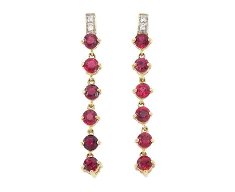 Pair of 9ct gold ruby and diamond pendant stud earrings, hallmarkedCondition Report:Approx 2.3gm, length = 36mm, good conditi